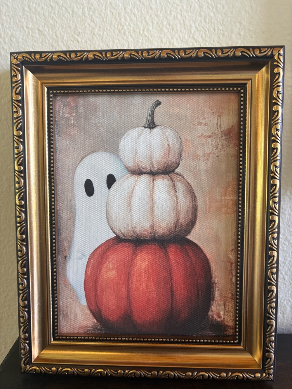 Framed Halloween Pumpkin & Ghost Canvas Art - Gold Frame